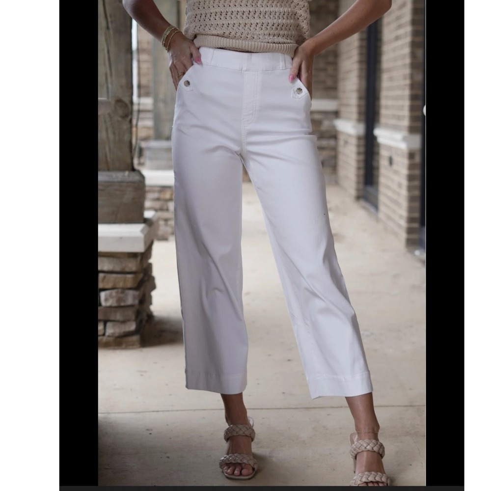 Spanx Stretch Twill Cropped Wide Leg Pants White Sz‎ L Vacation Resort Travel - Picture 3 of 9